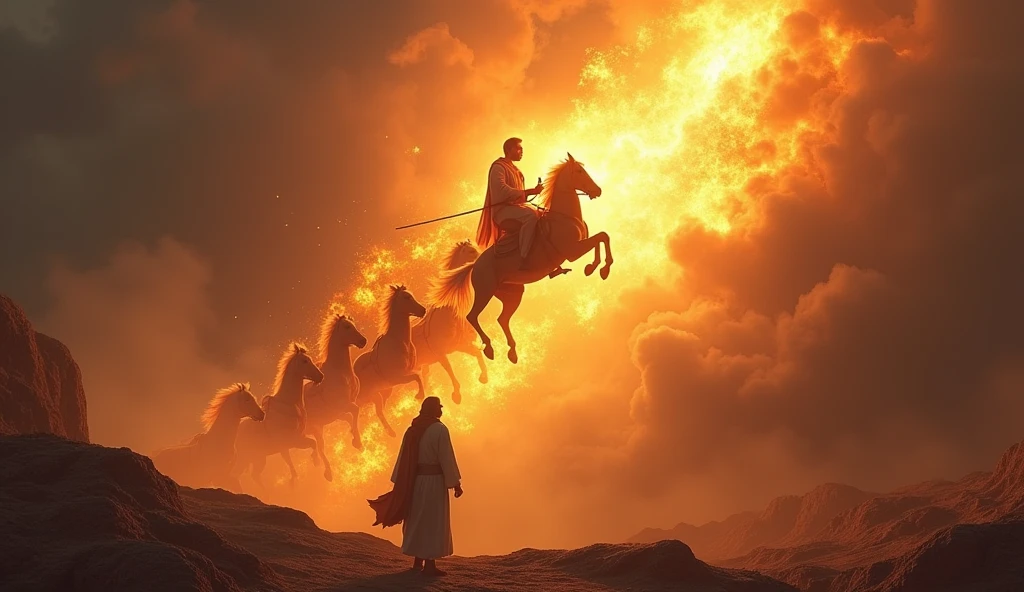 "Create a realistic and dramatic image depicting the biblical scene of Elijah&#39;s rapture. Show Elijah being taken to heaven in a chariot of fire, drawn by flaming horses, with flames and bright lights illuminating the scene. Na parte inferior da imagem, include Elisha, with an expression of admiration and amazement, watching the rise of his mentor. The setting should be an arid, mountainous landscape, under a dramatic sky, with heavy clouds that accentuate the intensity of the moment. This image will be used in a video on YouTube, so it must be visually impactful and emotional, capturing the grandeur and mystery of this biblical event."