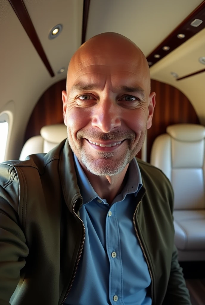 Selfie type photo, 1 meter focal length, 55-year-old man, The best quality, Hiper realilsta,High Resolutions, Height 1.65 meters,98 kilos, casual clothes, realist, 1 man, only, calvo, without putting, looking at the viewer, cessna citation x , highlight details of the interior of the plane.