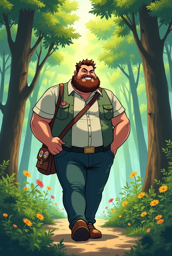 Una caricatura tipo anime de un hombre con una una schoolbag pequeña, walking through a forest, pokemon trainer, barba, schoolbag, bulk, well-built, a little chubby, moreno, elegant