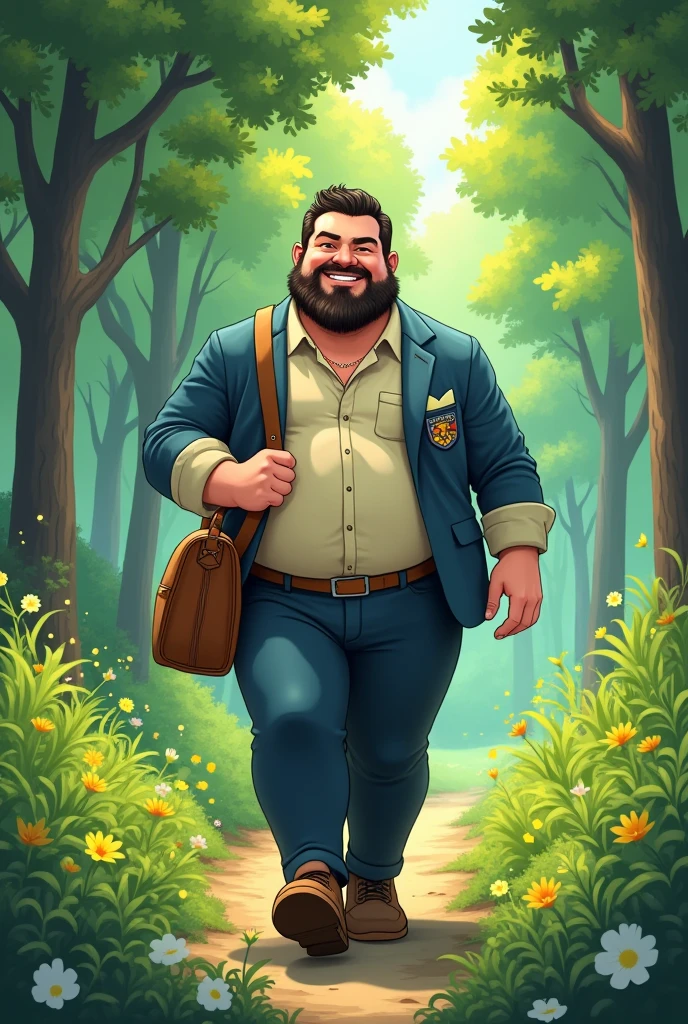 Una caricatura tipo anime de un hombre con una una schoolbag pequeña, walking through a forest, pokemon trainer, barba, schoolbag, bulk, well-built, a little chubby, moreno, elegant