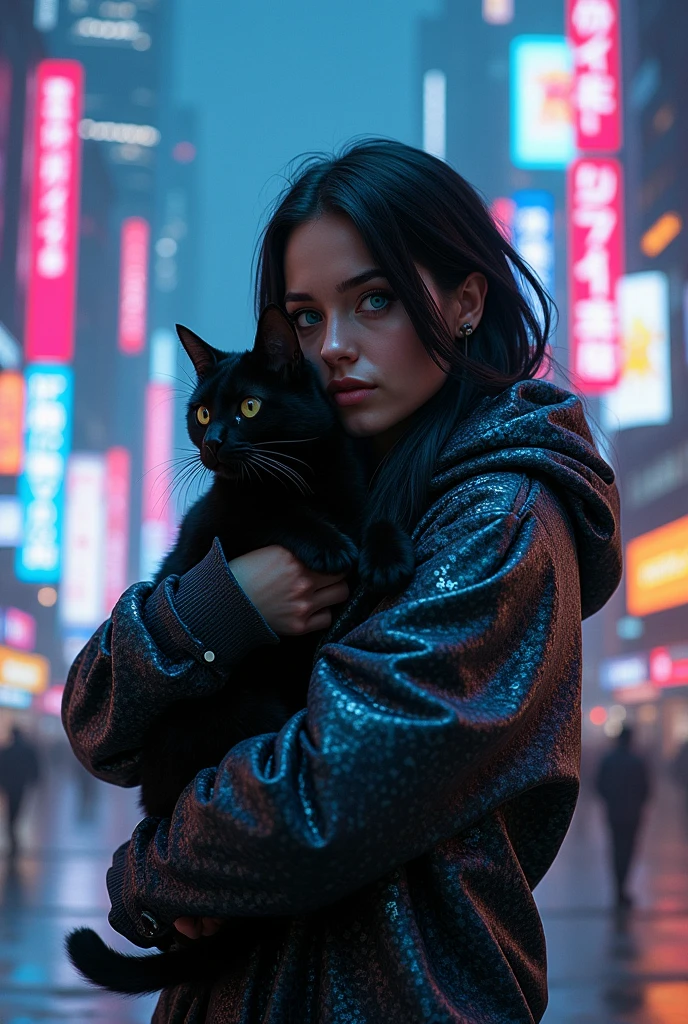 si-fi woman with black hair and blue eyes holding a huge black cat with hodie