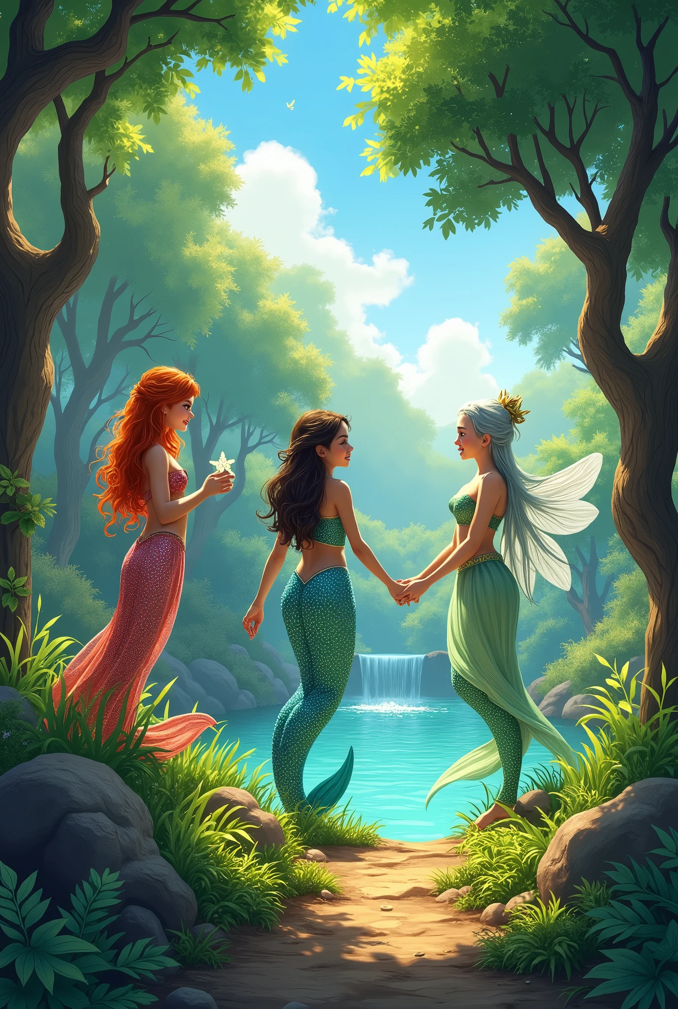 In the magical forest, three friends, get, The spirit of the forest; Curupira, the guardian of nature; and Iara, the beautiful mermaid, they discovered that the trees were sad. They found Lumina, the fairy of the magic fountain, who explained that the water was drying up because humans cut down too many trees. Iara sang to humans about the beauty of nature, and they committed to planting new trees. Curupira smiled, recognizing the power of friendship and music.