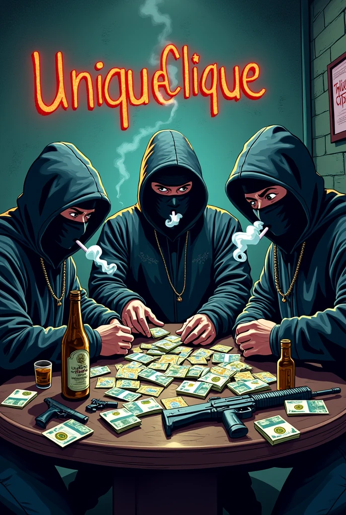 3 masked gangsters in the traphouse counting euros through cannabis they smoke cigarettes. There are alcohol bottles on the table, weapons and food in the background is “UnqiueClique” in cartoon look