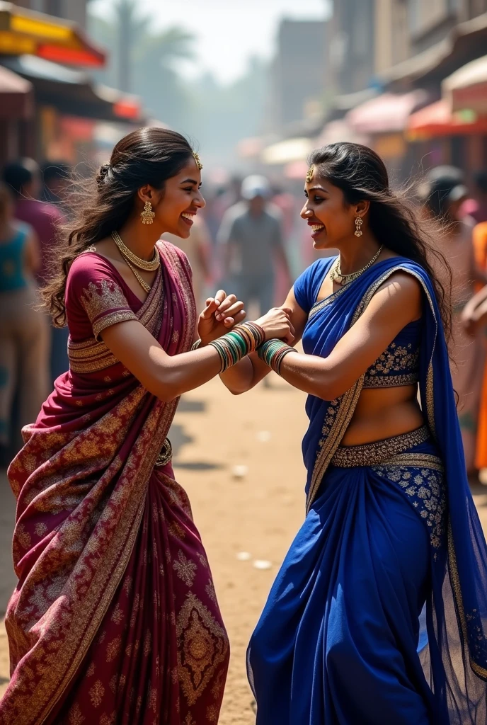 Two women in saree with angry face expression pulling each other muscles should be seen clearly.
