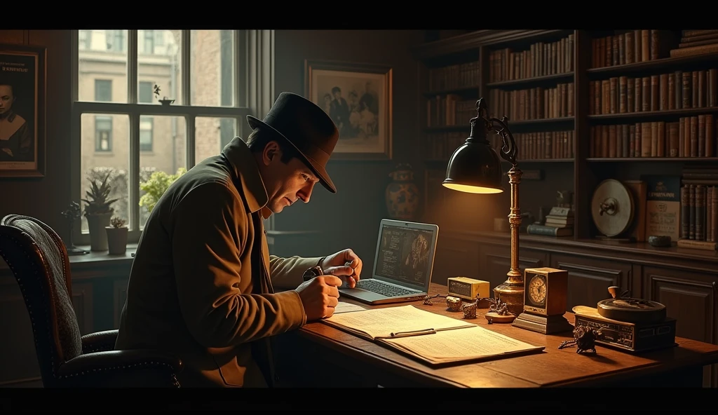 A detective examining digital documents with a magnifying glass, in an office with a vintage style, surrounded by digital evidence and technological gadgets.