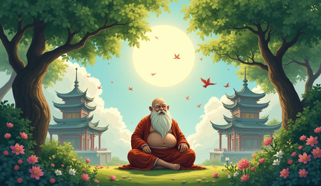 An wisdom full old fat Chinese monk, surrounded by temples, beautiful scenario, trees, in anime style