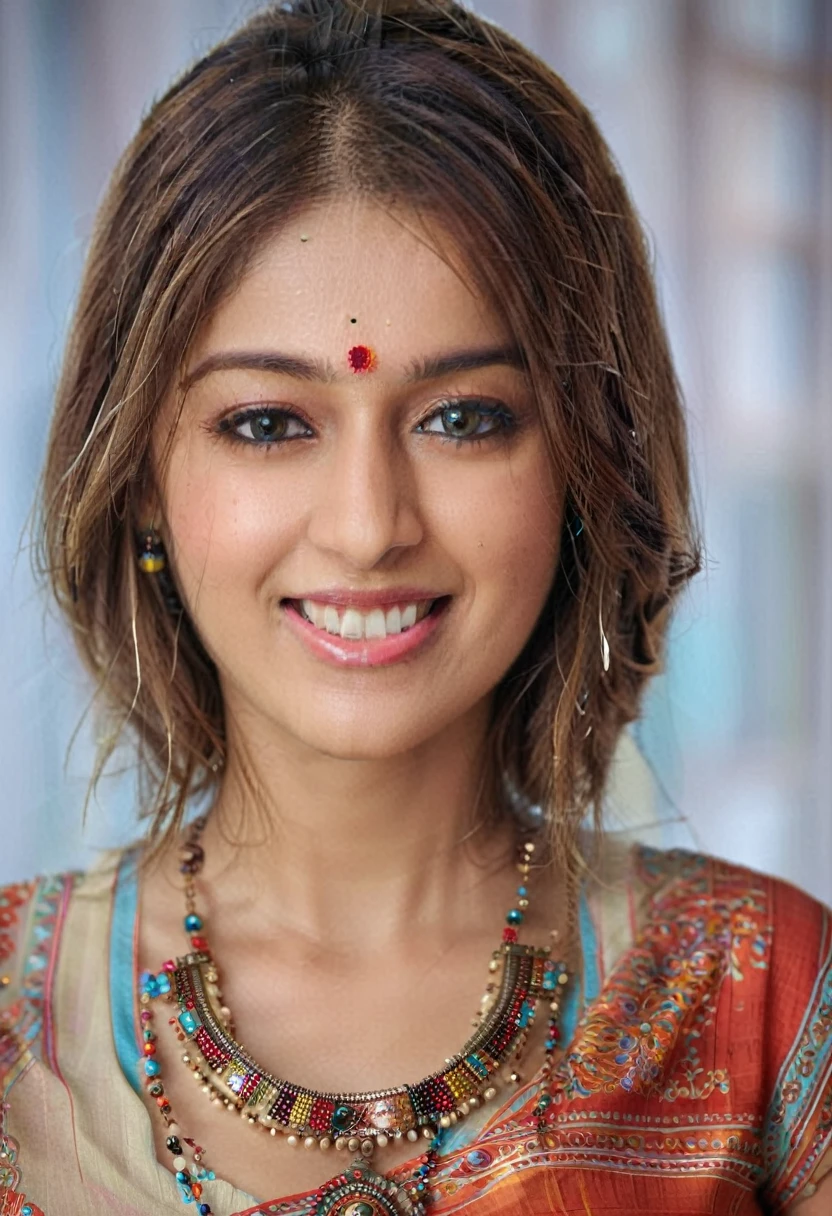 hires headshot photo of icrz woman studio quality, looking straight at viewer, detailed ethnic dress, smiling, canon 5D, f/2, background bokeh 