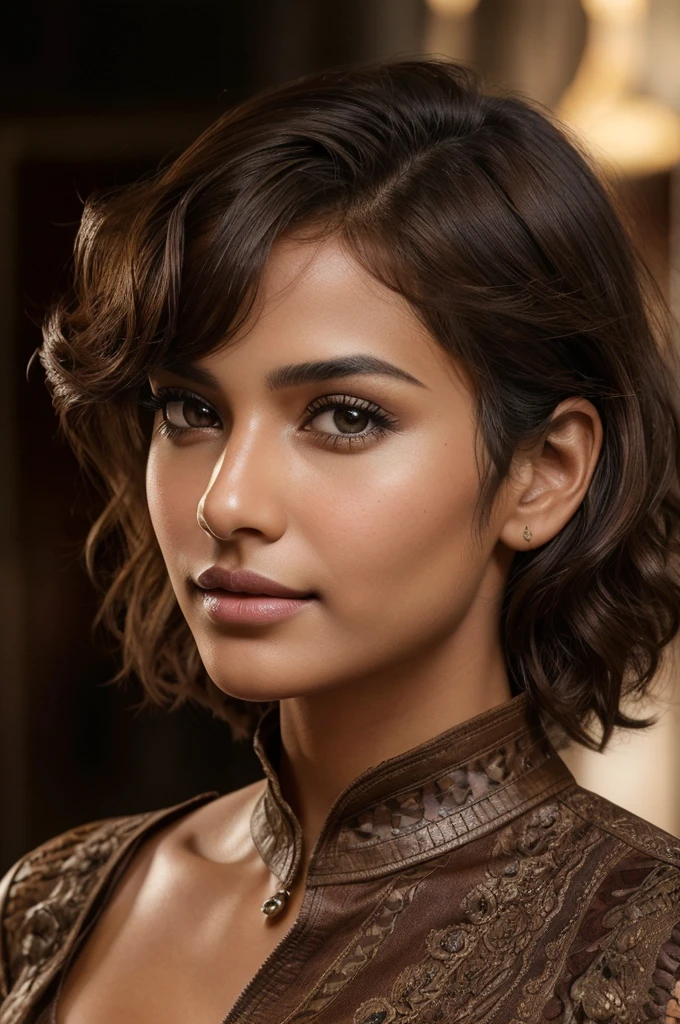 Breathtaking cinematic photo of a 30 year old Indian girl with brown hair and brown eyes, happy, cheerful expression, closed mouth, beautiful lips, intricate details, shallow depth of field, highly detailed, high budget, epic Hollywood film, gorgeous, masterpiece, award-winning, professional, highly detailed, detailed skin texture, (blush: 0.5), (goosebumps: 0.5). (the most beautiful woman in the world) (brown hair) (short curly hair, wild hair, stylish cut) thin face, thin nose, beautiful, very beautiful, perfect face, slender body (slender), (brown hair) (brown eyes ) (white skin) Beautiful body, western face, predatory eyes, pink lips, thick thighs. full body, western beauty, thin nose, beautiful, perfect, ((best quality)), ((ultra resolution)), ((photorealistic: 1.4)), (intricate details), perfect face, makeup: 1.5 , clear face, facial details. front view ((uniform, tactical costume, agent costume, spy))