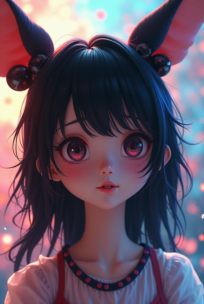 black hair, hair bobbles, wince, longeyelashes, solid circle eyes, fake animal ears, light smile, ear blush, fang, ccurate, Surrealism, drop shadow, anaglyph, stereogram, tachi-e, pov, atmospheric perspective, 8k, super detail, best quality