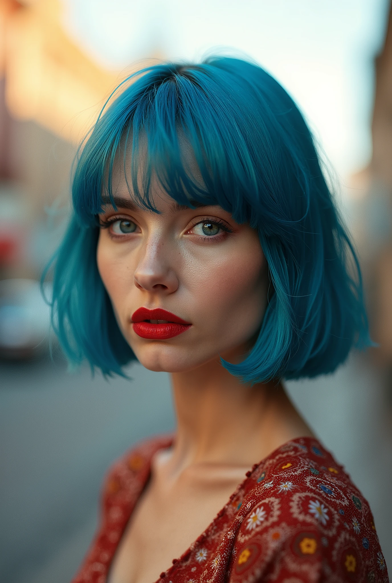 A woman ucraniana with blue hair, classic bob hair, blue eyes and red lipstick, candid portrait take with kodadk portra 400 film