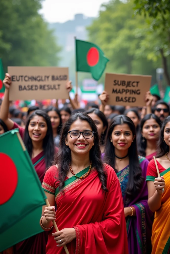 bangladeshi college students surrounded the " education ministry " for their demands of Subject Mapping Based Result , ensure bangladesh flags ,and put young students and their emotions, show banners with "subject mapping based result" , bring hotter lookings bangladeshi girls into the picture, make these girls wear saree in a sexy way