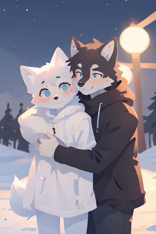 couple men arctic fox x black wolf, hugging, furry, with clothes, cute
