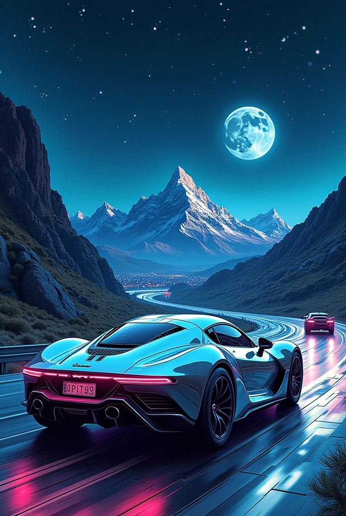 A car driving towards a mountain in the middle of the night In tattoo In the style of 2049