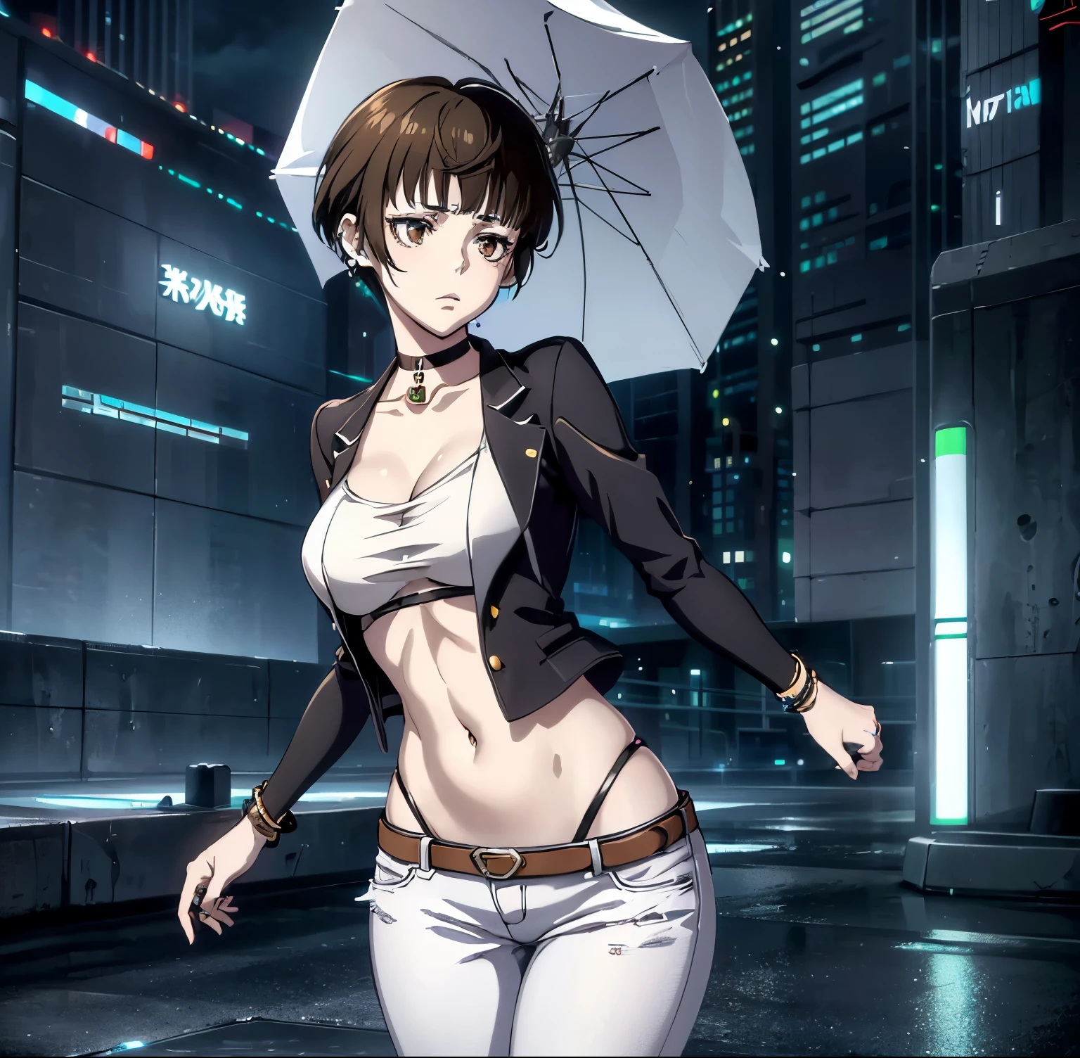 ((1girl)),((alone)),tsunemori akane, (psycho pass),(masterpiece), (best quality), (ultra detailed), (best illustration), (best shadow), (absurdities), focus sharp, cowboy shot, atmospheric perspective, depth of field, dynamic posture looking at viewer, medium breasts, narrow waist, wide hips, wide thighs, round butt, erotic, romantic, (highly detailed eyes, 1.1 lips), highly detailed eyes , eyes, Very detailed face, Very beautiful face, Symmetrical face, Aesthetic face, perfect face, perfect eyes, detailed eyelashes: 1.5), full height, beautiful slim figure, femininity, expressive appearance, elastic medium breasts, sexuality, half-open lips, brown hair, short hair, brown eyes, white skin, jewelry, ring, pants, bracelet, choker, denim jeans, skinny jeans, shirt, earrings, v, denim, black camisom, cleavage, belt, beaded bracelet, beads , bangs, black choker, curves, defined body, Perfect and beautiful body, perfect and beautiful, closed mouth, serious expression, neutral grimace, (sexy pose: 1.2), ((solo)), standing: 1.3, ((outside, cybeppunk landscape, neon lights, cityscape, futuristic streets, futuristic city, light reflection, clouds, rainy, night, city lights)), looking forward, ((focus on waist)), point of view: (from below), perfect anatomy, perfect hands