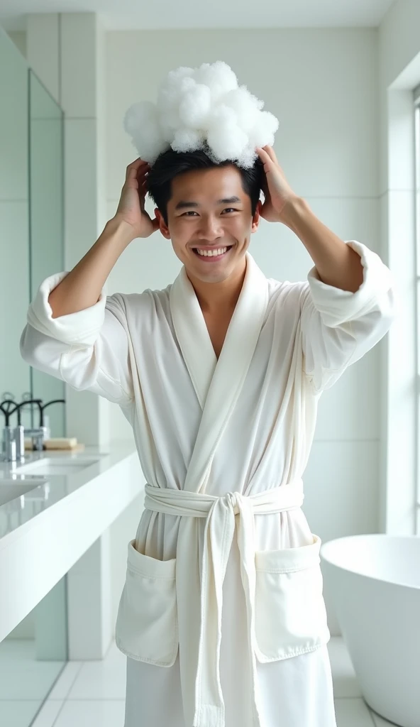 Create a handsome young Asian man,Standing on the ground,Beautiful beautiful big eyes,Regular facial features,Wearing a white satin bathrobe,Scratch your scalp with both hands,Two hands washing hair on top of head,There is a lot of real white foam and water on the hair,Foam wrap head,Real bubbles,Open your eyes,The expression is happy,The characters are realistic and realistic,Pure white high-end bathroom background,Character front position,9:16 frames,Ultra-high-definition picture quality