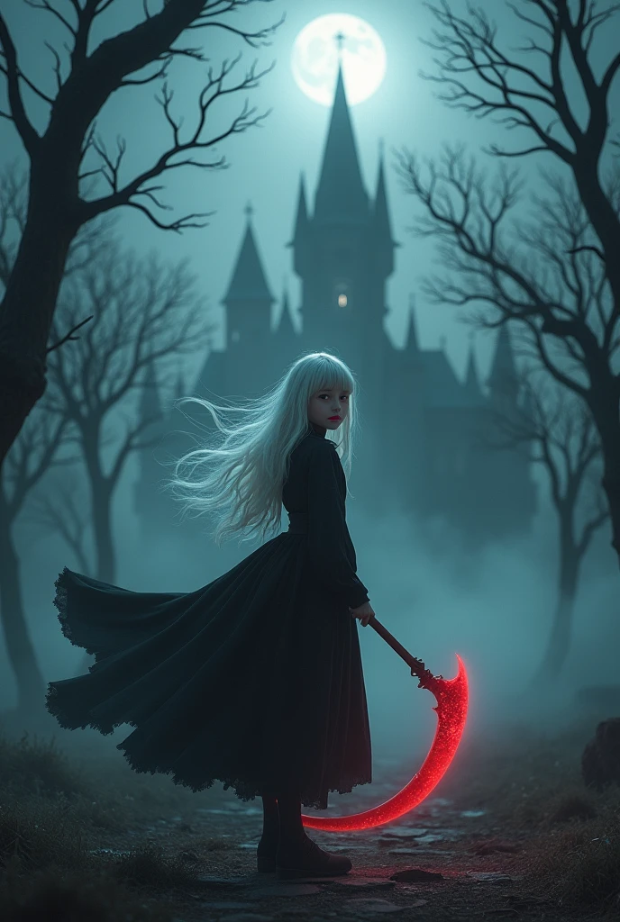((1boy, solo, alone, Ninym, white hair, red eyes, hair ornament, small breasts, long hair, fitness)), ((solo, (1meal, pink lipstick), Extremely detailed, ambient soft lighting, 4k, perfect eyes, a perfect face, perfect lighting, a 1boy)), ((black dress, long dress, wielding a red scythe, abandoned castle, haunted castle, fog, mist, night, moon smells, dry trees))