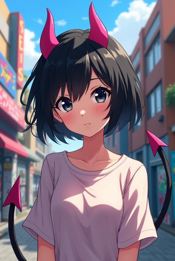 anime girl, My Hero Academia, pink devil horns, my short black hair,Tender white eyes with black, a black devil&#39;s tail, I wore comfortable and slightly loose clothing 