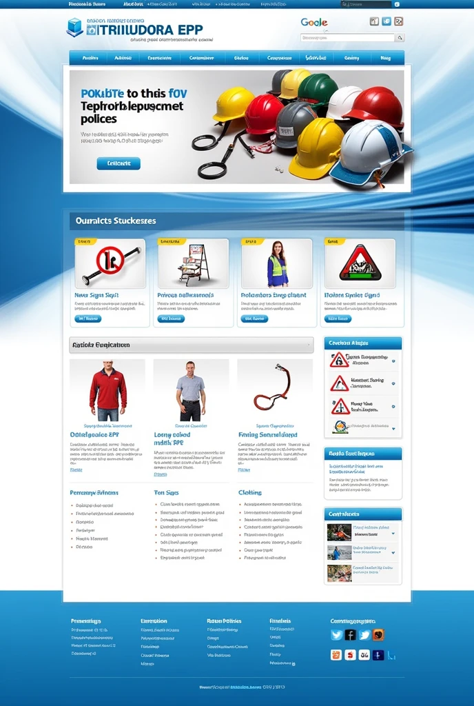 the cover of a web page that has all this.
se llama DISTRIBUIDORA epp
- Equipos de protección personal (epp)
- Safety signs - Emergency equipment - Work clothes - Safety tools In addition, could include relevant information such as:
- Certifications and safety standards - Warranties and return policies - Contact information and support