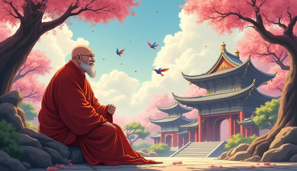 An wisdom full old fat Chinese monk, surrounded by temples, beautiful scenario, trees, in anime style