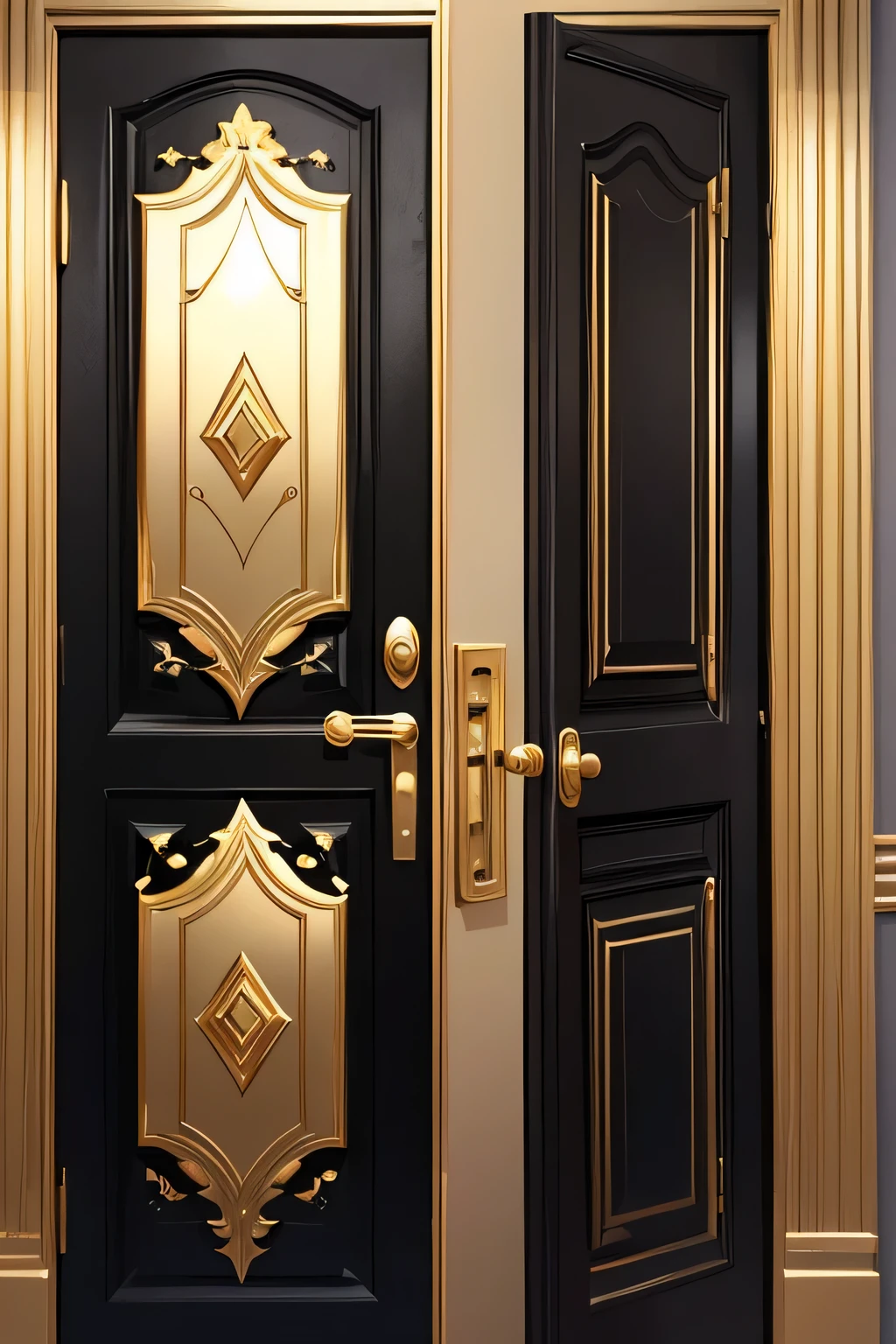 A black door, with gold ornaments and shiny handle.
