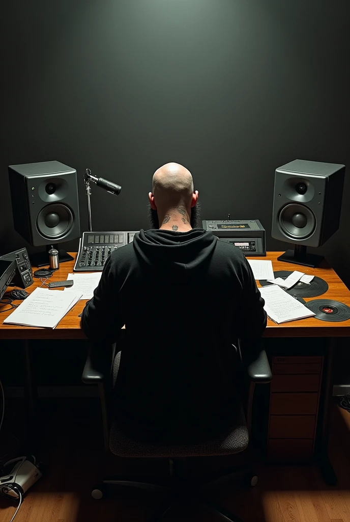 desk with loose sheets and writings, a pencil on the side, the room is dark, two sound monitors, There is also a small console for mixing sound and a microphone., somewhere it says Mad Red You can see vinyl records somewhere and cassettes, There is a man sitting on a chair with his back turned, It has no hair and has a beard,You can't see his face because he's wearing a black sports jacket, You can only see his tattooed arms on the desk