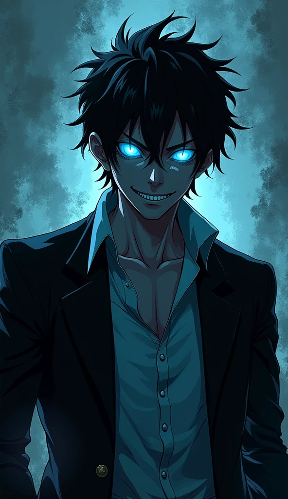 A psycho man, crazy look, blue eyes , full body, 2D anime style, detailed face, detailed, focus on face, HD, 8k quality, glowing character, anime style