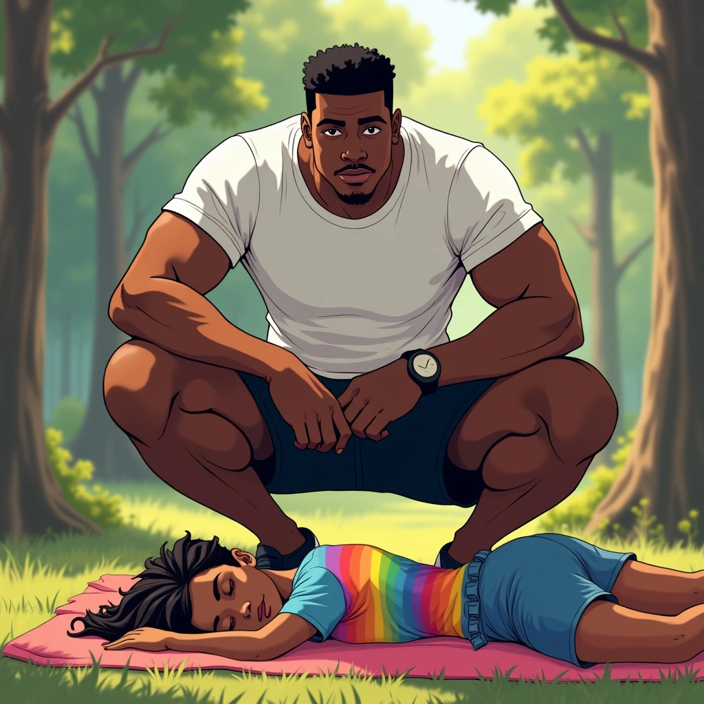 anime art: marvel art style, a masculine 20-year-old black male with a big bulge, wearing white t-shirt, black nike shorts and nike slides , He's squatting down on top of a sleeping woman wearing lgbt shirt