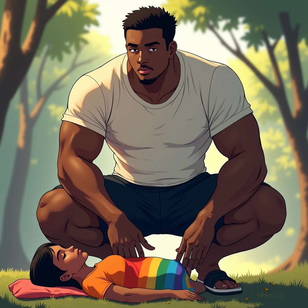anime art: marvel art style, a masculine 20-year-old black male with a big bulge, wearing white t-shirt, black nike shorts and nike slides , He's squatting down on top of a sleeping woman wearing lgbt shirt
