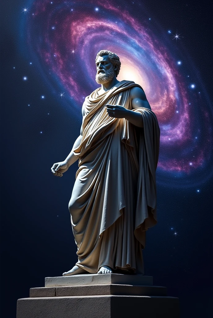 Statue of a Greek philosopher with a galaxy in the background, dark environment in 4k