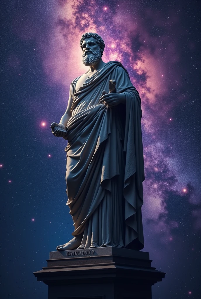Statue of a Greek philosopher with a galaxy in the background, dark environment in 4k