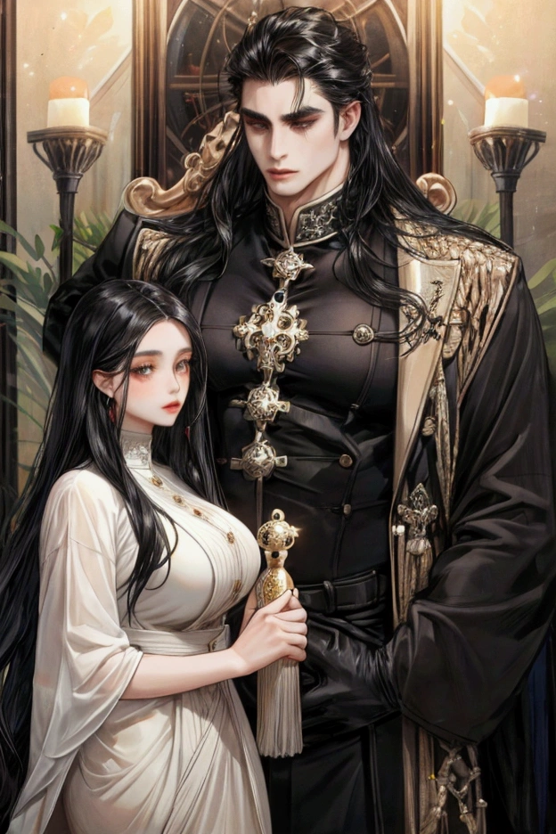 a woman with a chubby hourglass body with long straight black hair and a man with long black hair