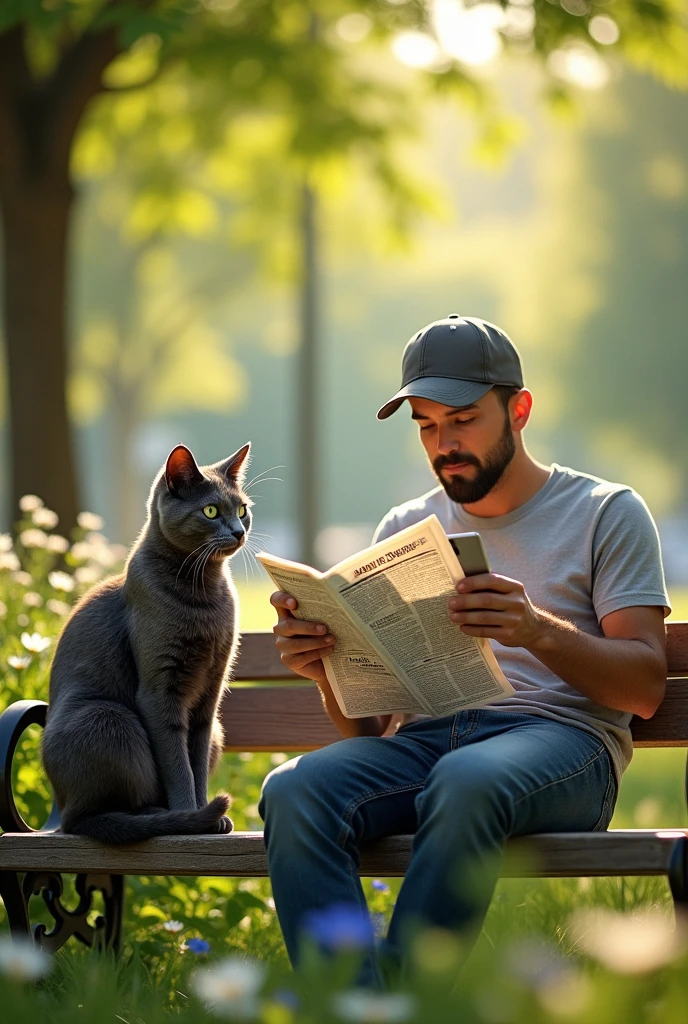 Gray cat sitting on a park bench reading a newspaper next to a man with a cell phone in his hand