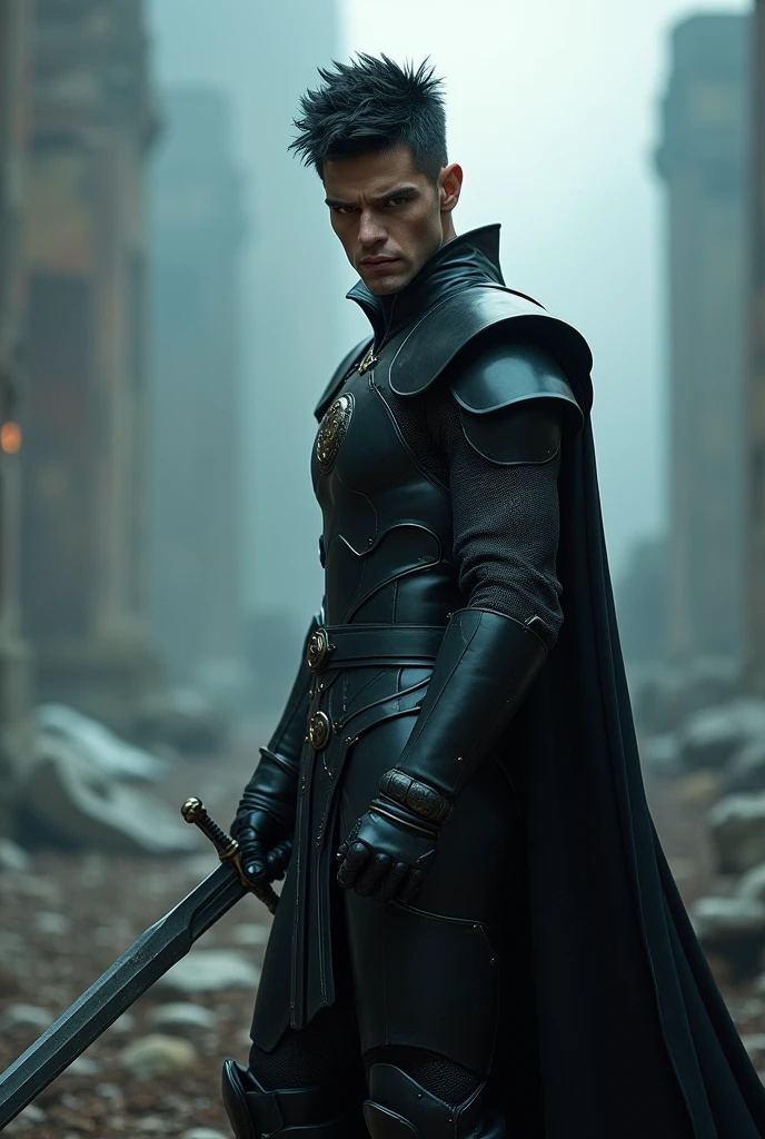 Create a man in black armor, with a medium sword, with short, spiky anime-style black hair