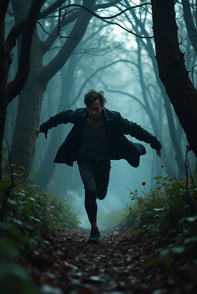 A man runs from a vampire through the forest