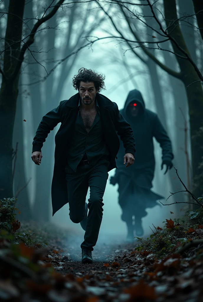 A man runs from a vampire through the forest