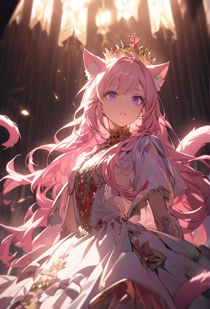 a young girl, cat girl, long pink hair, purple eyes, long cat ears, large and long pink tail, beautiful detailed eyes, beautiful detailed lips, extremely detailed eyes and face, longeyelashes, soft lighting, warm color palette, cinematic composition, dramatic lighting, professional, physically-based rendering, sharp focus, vivid colors, Queen's outfit, Crown