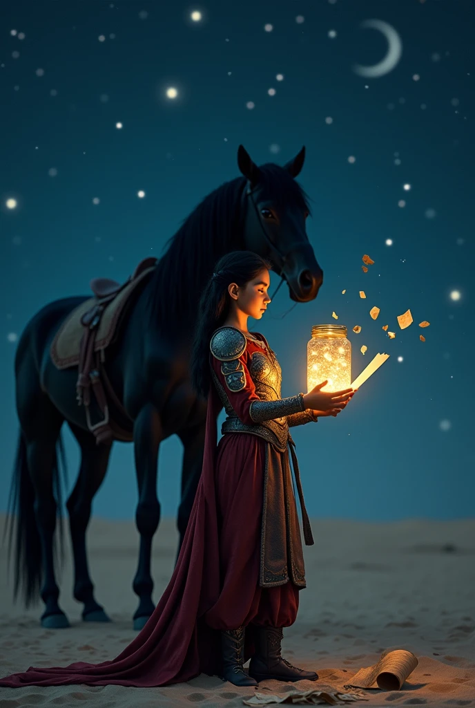 Draw a picture of a girl of 20 years old in brave's costume, having straight black hair standing in desert holding a jar which is decorated with LED lights inside. The girl is holding a chit and reading it.
On desert there are lots of chits everywhere without led lights.
A black horse is standing behind the girl on left side.
The whole picture is in dark mode.