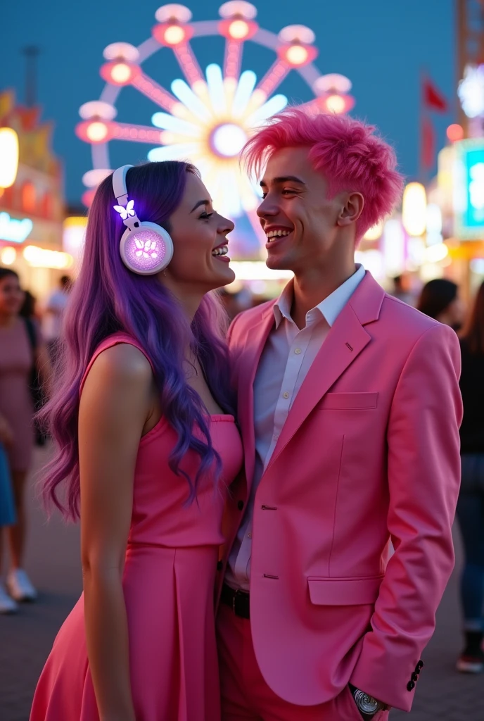 Korean purple hair butterfly woman with headphone and bright pink outfit and sneakers and bright pink dress and young man with pink hair and pink suit in amusement park having fun
