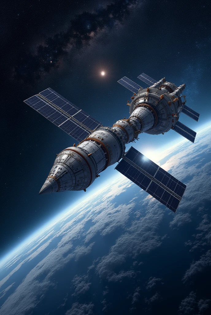 Deep space with Earth in the background. Soyuz 4 on the left and Soyuz 5 on the right are approaching each other. make the 2 ships more apparent