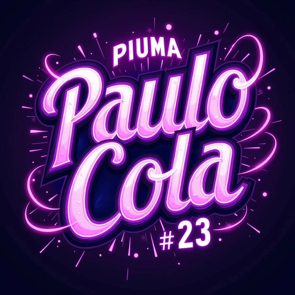 ((UTF-8)) Please create an image with the name "Paulo Cola", AND the number "23", AND the name "PIUMA". Use purple as the main color theme. Fluorescent colors.