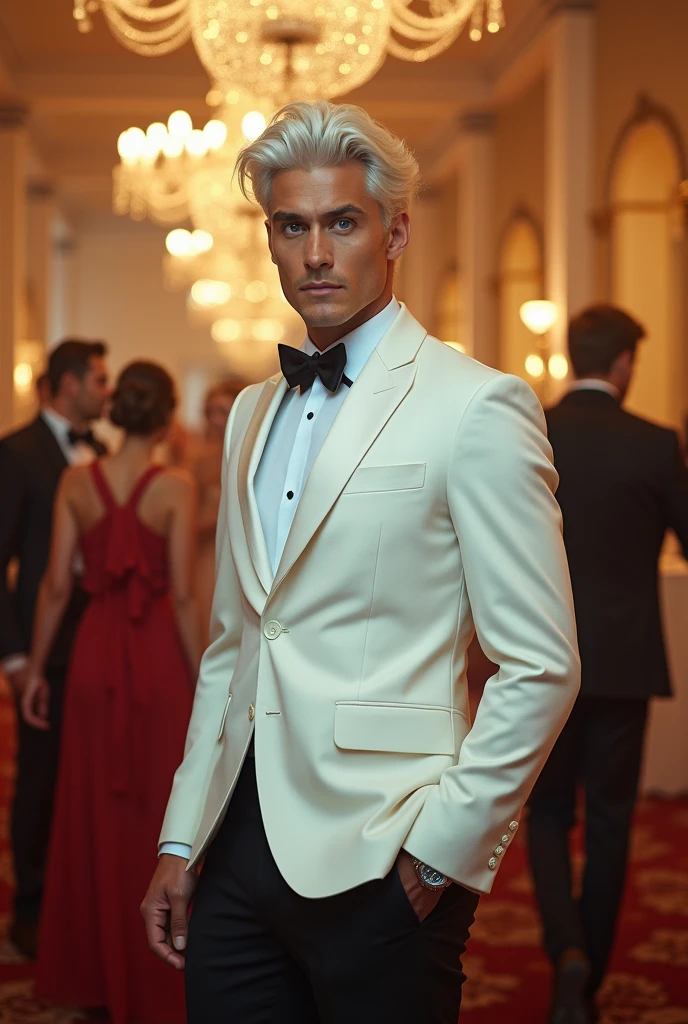 A man of 1,92 tall,White hair,blue eyes and his white suit and black pants and has wavy hair