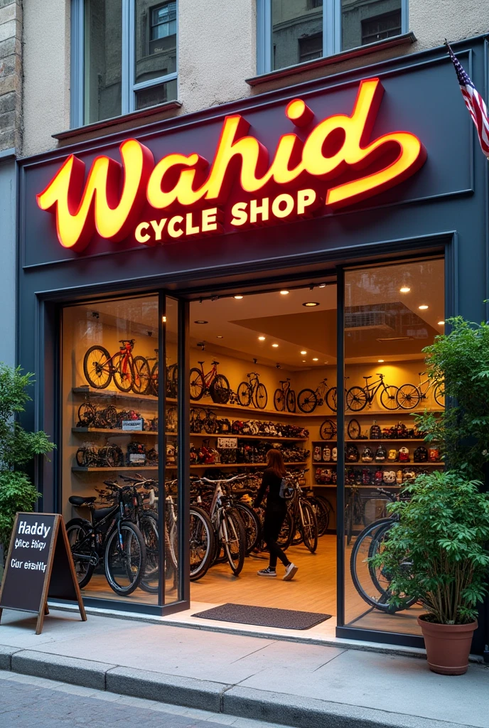 torefront: The shop has a bright and inviting storefront with large glass windows showcasing a variety of bicycles in different styles and colors. The windows are clean and the bikes are arranged neatly, making it easy for passersby to see the selection.

Signage: Above the entrance, there's a prominent sign that reads “Wahid Cycle Shop” in bold, friendly letters. The sign is painted in a vibrant color, like red or blue, with a bicycle graphic incorporated into the design. The font is clear and easy to read, perhaps with a slight curve to add a touch of dynamism.

Exterior Details: The exterior of the shop is well-maintained, with a fresh coat of paint. There are a few potted plants near the entrance to add a touch of greenery. A small A-frame sidewalk sign in front advertises any special promotions or new arrivals.

Interior View: Through the windows, you can see a well-organized interior with bike racks, repair stations, and shelves stocked with accessories like helmets, locks, and lights. The space is brightly lit, making it inviting and easy to navigate.

Additional Touches: There might be a friendly staff member visible through the window, helping a customer or arranging bikes. The overall atmosphere is welcoming and professional, emphasizing both quality products and customer service.

This description should help you or an artist create a visual representation of "Wahid Cycle Shop."




