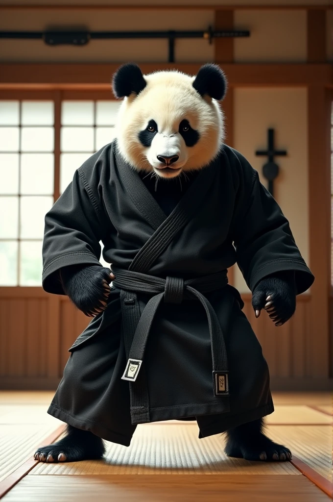 Panda bear in aggressive attitude with jiu jitsu kimono in a Japanese dojo