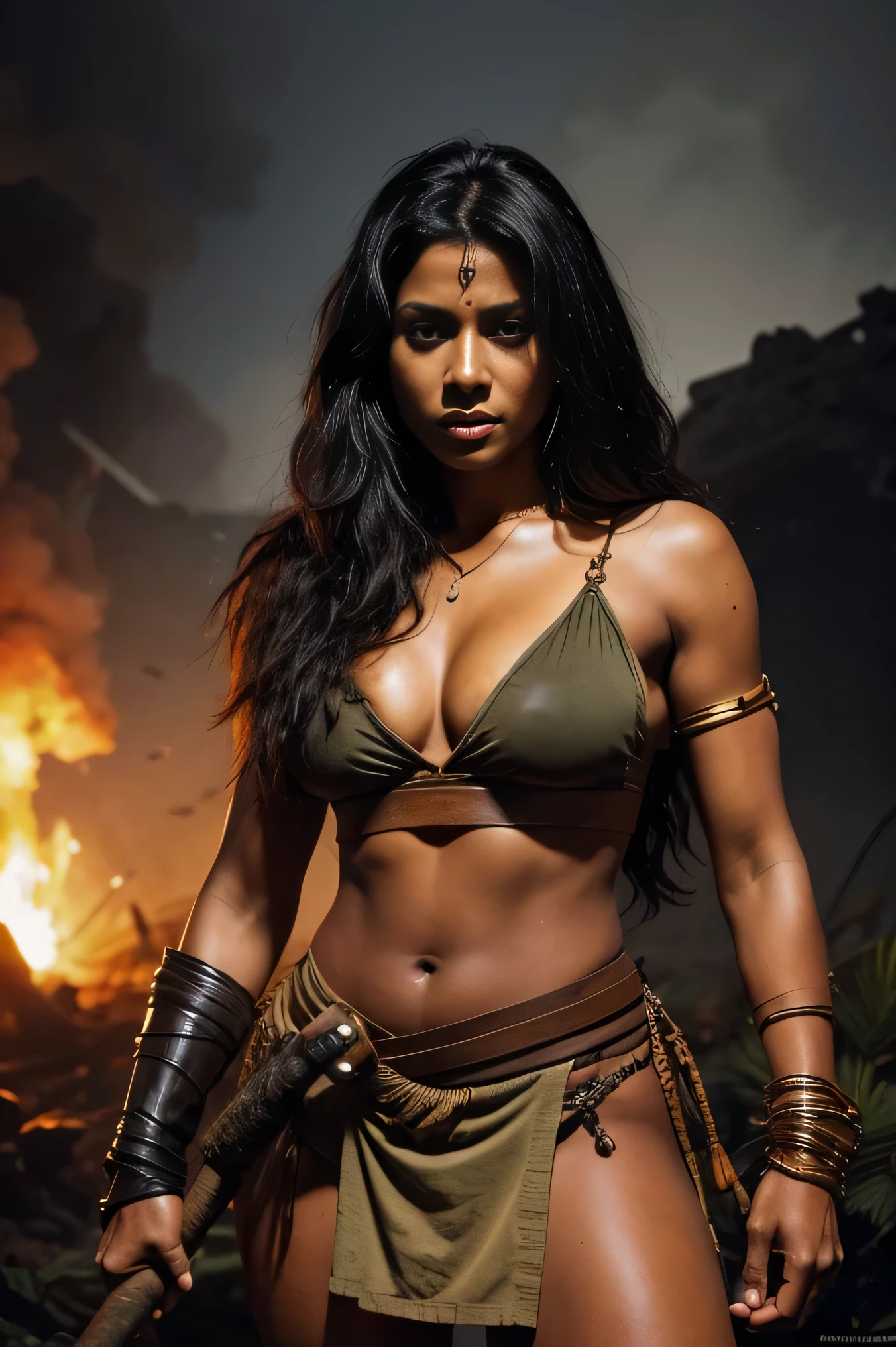 Sheena queen of the jungle, dark wet skin, holding a battle axe, wearing a tan loincloth and loincoth top, next to a damaged spacecraft, realistic, smoke coming from spacecraft 