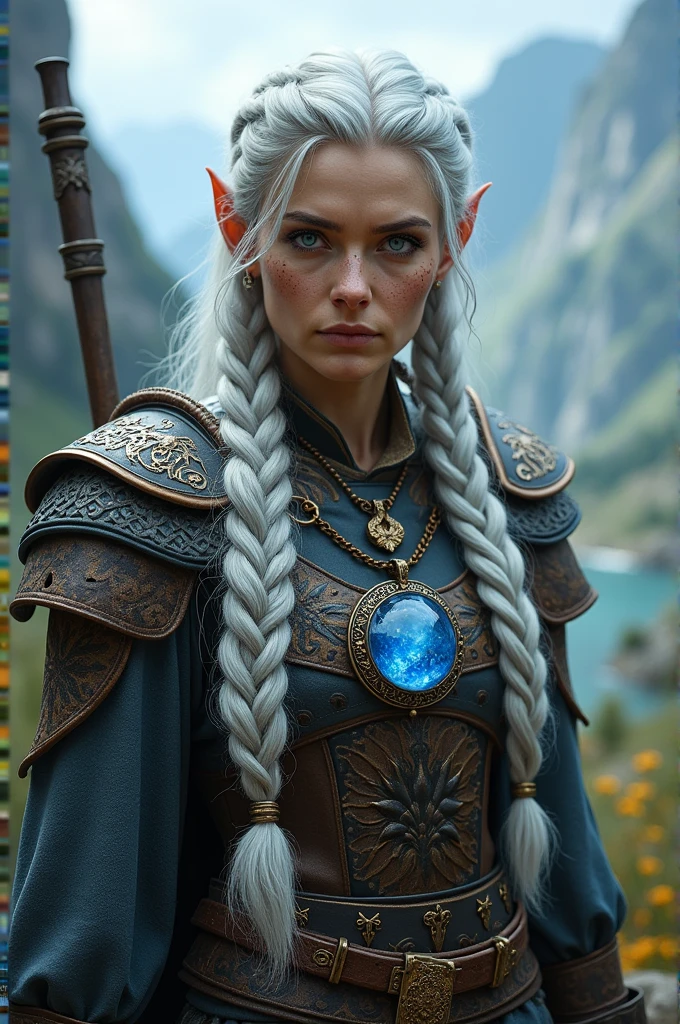 Show me an older woman who is a dwarf. She has long white grey hair and a Viking hairstyle. She has wrinkles. She has blue eyes and wears armor and an axe. She wears a round amulet around her neck in which a blue lily stone is set. Around the amulet are mystical symbols. 