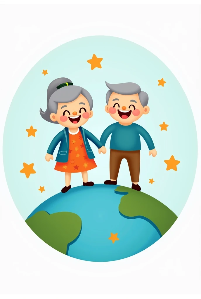 A logo for an app called grandmas in the world, there could be two old people on planet Earth with not so cute stars, blue and inside a circle