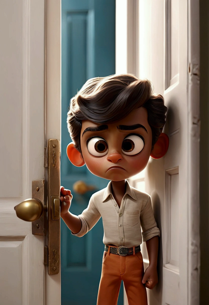 Image Idea: Small boy Ali’s perspective from the bed, focusing on the door. The door should be shut, but the scene should emphasize the tension, perhaps with a faint shadow near the bottom of the door or the door handle slightly moving.