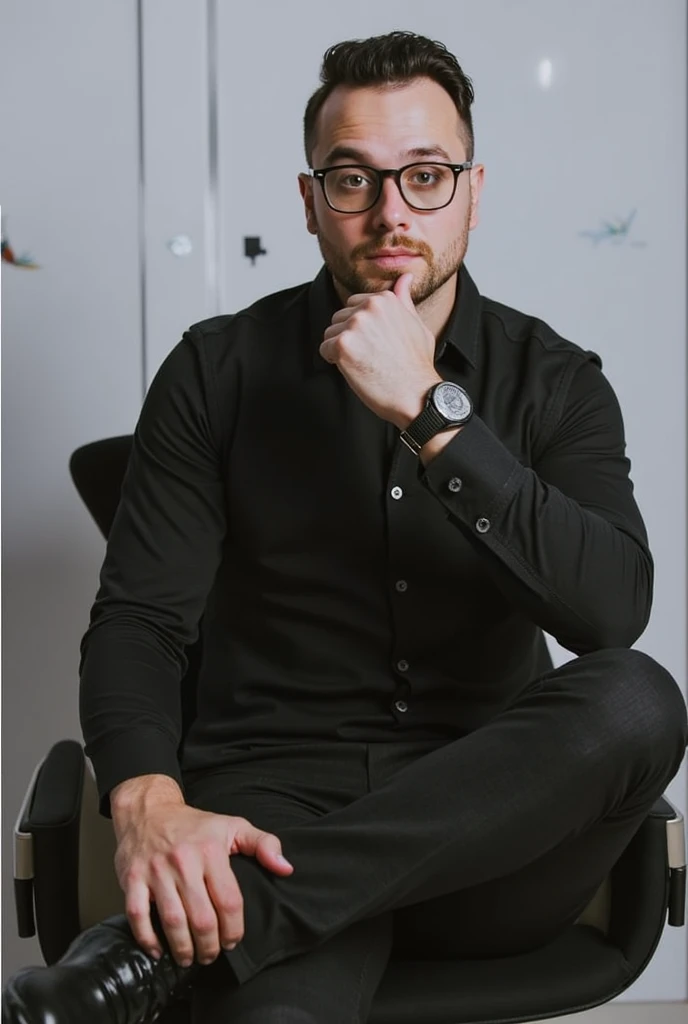 Create a male person, with beard , with dark green eyes , in formal wear for a marketing company, looking forward and smiling 