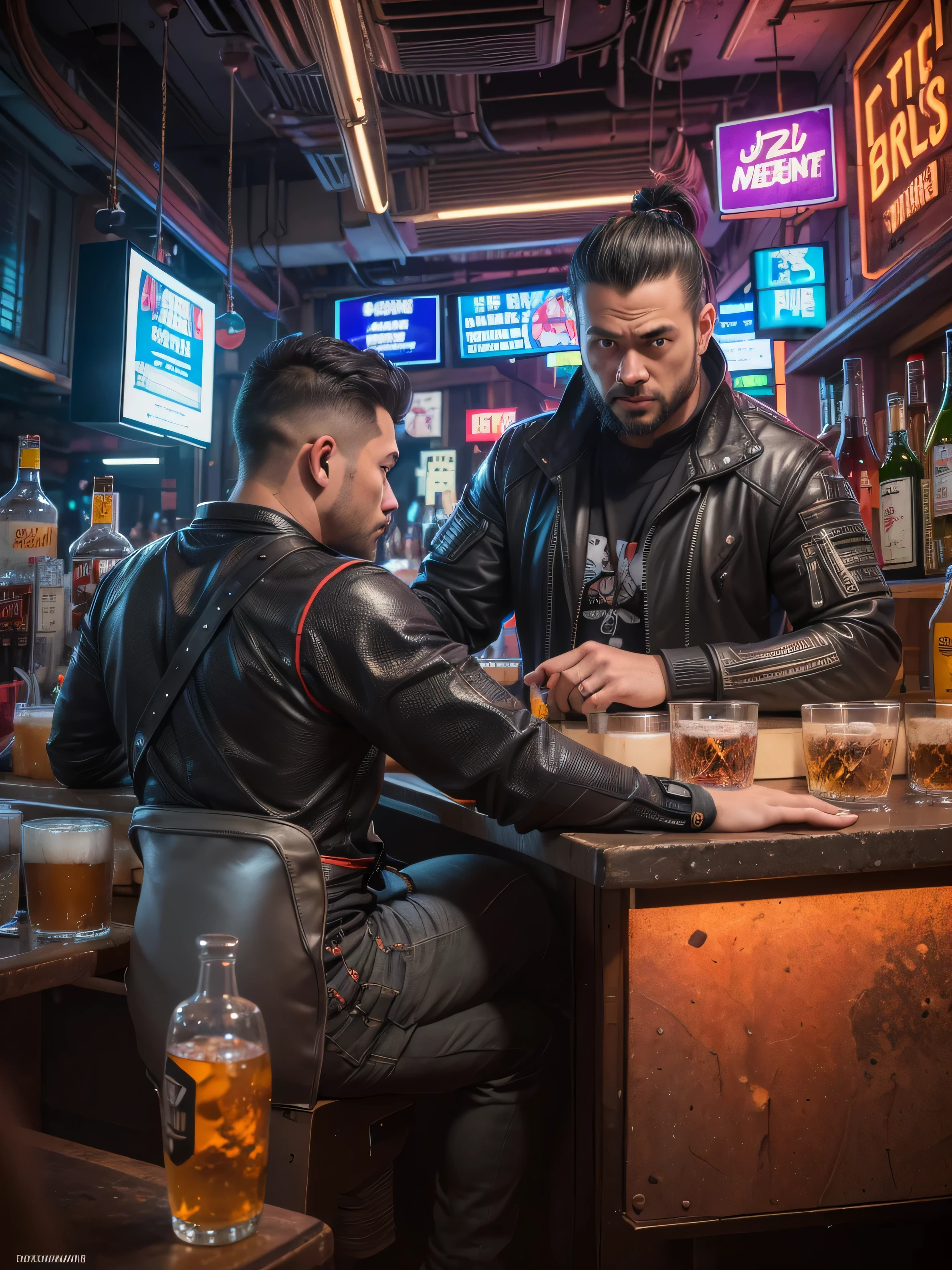 (((Masterpiece))),high resolution,realistic details,sharp focus, hyper-realistic photo of 2 samurais at a bar,(((2 guys at a bar))),(samurai outfit),Fisheye 5 mm lens taken from behind, cyberpunk scene, cyberpunk vibe, New York city in the year of 2527. Super futuristic bar, sharp details,anatomically correct bodies, depth in vision,(depth in vision 1.3), illuminated by vibrant neon lights and holograms. Capture the scene from a street-level perspective during a dark and rainy night. The atmosphere should convey a bustling yet ominous mood, highlighting the contrast between the dystopian environment and advanced technology.(Very detailed: 1.3),4k, back shot