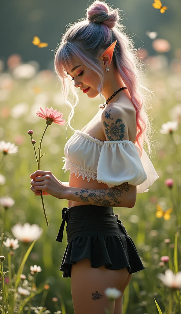 a young elf, Woman, bee, tri-color hair pink white black and blue, white constellation tattoo all over the body, wearing a transparent white crop top with flower details and puff sleeves, with a black mini skirt, Transparent pantyhose, mesh gloves, hair tied up in a big messy bun, Delicate Appearance, background of a flower field with butterflies flying, face with a gentle smile, holding a white flower